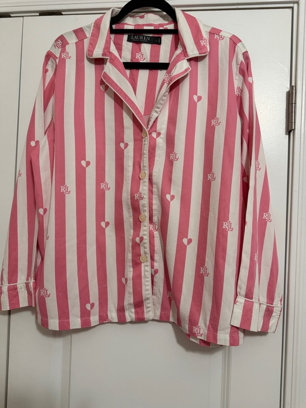 Black label Lauren Ralph Lauren Pink & White Striped Heart-Print Button Shirt